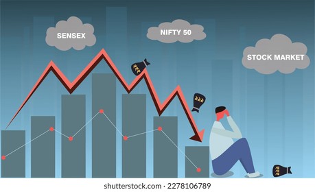 Sensex cayendo con Nifty 50 mientras el mercado indio de valores cae representado por un clima nublado y oscuro.