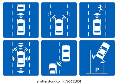 Sensing system of vehicle icon set. Autonomous car.