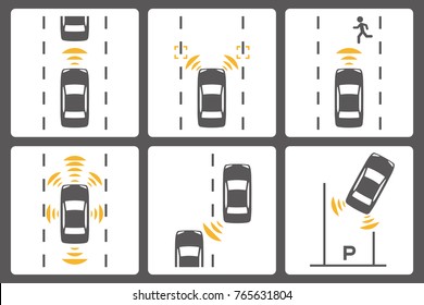 Sensing system of vehicle icon set. Autonomous car.