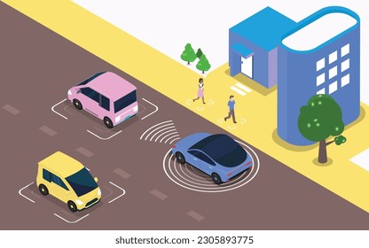 Sensing system of vehicle, Self Driving Car Moving Through City,AI Sensor Scanning Road Ahead for Vehicles.