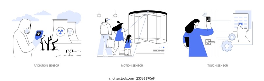 Sensing technology abstract concept vector illustration set. Man measures the level of radiation with special device, walk through sliding doors, motion detector, use touch sensor abstract metaphor.