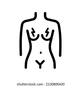 Sensitive Breast Symptomp Of PMS period. Menstrual cramps Vector Icon Line Sign. Woman Symptoms Of menstruation Pictogram. Contour Illustration