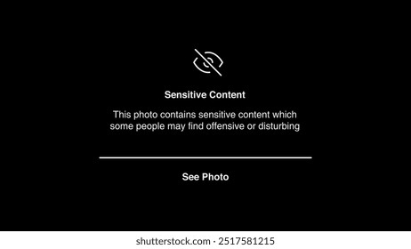 Vorlage für die Vorschau des sensiblen Inhalts auf dem schwarzen Bildschirm. Familienfreundliche Browser-Schnittstelle für störende, gewalttätige und sexuelle Fotos.