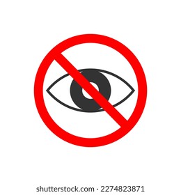 Symbol für sensible Inhalte. Auge durchkreuzt durch rotes verbotenes Zeichen einzeln auf weißem Hintergrund. Piktogramm verboten, um Foto oder Video mit Gewalt oder Nacktszenen zu verstecken. Zensurkonzept. Vektorgrafik