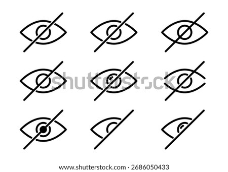 Sensitive content. Set of icons of a crossed-out eye. Censored and sensitive content. Crossed-out eye symbol for sensitive content, outline icons. Vector