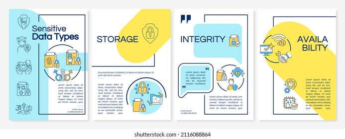Sensitive data examples blue and yellow brochure template. Booklet print design with linear icons. Vector layouts for presentation, annual reports, ads. Questrial-Regular, Lato-Regular fonts used