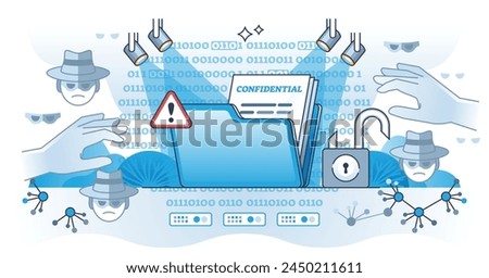 Sensitive data exposure with confidential document leakage outline concept. Information loss after cyber attack from hackers vector illustration. Exposed files on internet because of weak security.