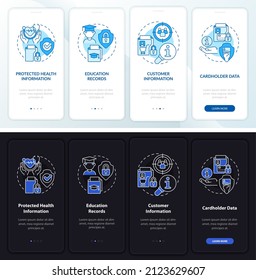 Sensitive data night and day mode onboarding mobile app screen. Privacy walkthrough 4 steps graphic instructions pages with linear concepts. UI, UX, GUI template. Myriad Pro-Bold, Regular fonts used