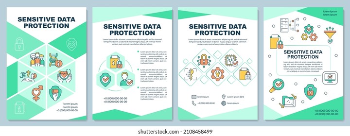 Sensitive data protection green brochure template. Booklet print design with linear icons. Vector layouts for presentation, annual reports, ads. Arial-Black, Myriad Pro-Regular fonts used