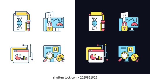 Sensitive data types light and dark theme RGB color icons set. Genetic information. Company risk scoring. Isolated vector illustrations on white and black space. Simple filled line drawings pack