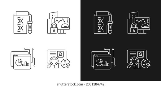 Sensitive data types linear icons set for dark and light mode. Genetic information. Company risk scoring. Customizable thin line symbols. Isolated vector outline illustrations. Editable stroke