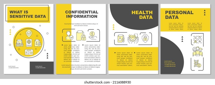 Sensitive data types yellow brochure template. Secure identity. Booklet print design with linear icons. Vector layouts for presentation, annual reports, ads. Arial, Myriad Pro-Regular fonts used