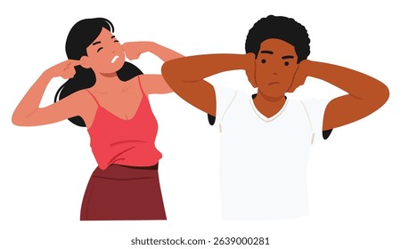 Sensitive diverse people cartoon characters closing ears ignoring loud sounds suffering from obstructive noise vector illustration. Angry man and dissatisfied woman avoiding listening bad irritant