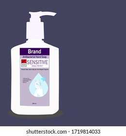 Sensitive Hand soap pump bottle with text on label on the dark background. Packaging design. Advertising of hand sanitizer. Hand disinfectant. Personal hygiene. Sanitizing container.