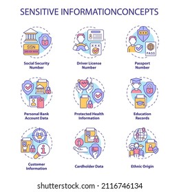 Sensitive information concept icons set. Protect personal and corporate data. Safety idea thin line color illustrations. Isolated outline drawings. Roboto-Medium, Myriad Pro-Bold fonts used