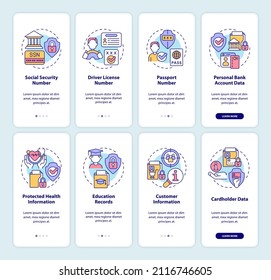 Sensitive information onboarding mobile app screen set. Safety walkthrough 4 steps graphic instructions pages with linear concepts. UI, UX, GUI template. Myriad Pro-Bold, Regular fonts used