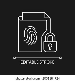 Sensitive information protection white linear icon for dark theme. Prevent unauthorized access. Thin line customizable illustration. Isolated vector contour symbol for night mode. Editable stroke