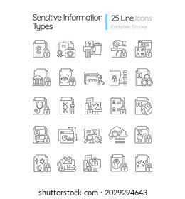 Sensitive information types linear icons set. Cybersecurity measure. Unauthorized disclosure prevention. Customizable thin line contour symbols. Isolated vector outline illustrations. Editable stroke