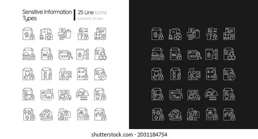 Sensitive information types linear icons set for dark and light mode. Cybersecurity measure. Security technique. Customizable thin line symbols. Isolated vector outline illustrations. Editable stroke