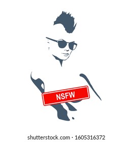 Sensitive photo content. Explicit video content. Inappropriate content. Internet safety concept. Censored only adult 18 plus. Stamp with NSFW text. Naked woman front view. Not safe for work
