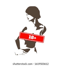Sensitive photo content. Explicit video content. Inappropriate content. Internet safety concept. Censored only adult 18 plus. Stamp with NSFW text. Naked woman front view. Not safe for work