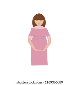 Sensitive pregnant woman in pink dress with cuffs on white background. Can be used for advertising and design of medical institutions. Vector illustration