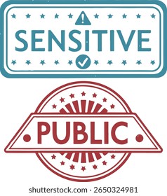 Sensível e Conjunto de Carimbos Públicos, triângulo vermelho SENSÍVEL com alerta e rótulo PÚBLICO azul, controle de privacidade e classificação de dados ícones de vetor