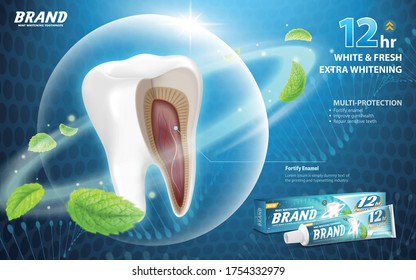 Sensitive relief toothpaste ads with tooth anatomy in protective bubble, 3d illustration