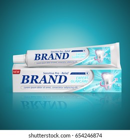 sensitive relief toothpaste package design isolated turquoise background, 3d illustration 