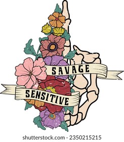 Sensitive Savage, Retro Flower Skeleton, Flower Skull, Dead Inside, Motivational t shirt design.