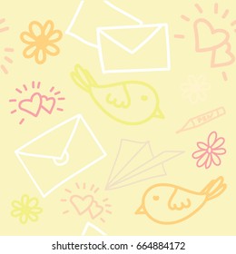 Sensitive seamless pattern with doodle letter, bird, heart, pen, flower