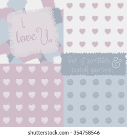A sensitive set of four seamless shaggy patch and scribble pattern. Made in pastel blue and pink tones. Fits perfectly for creative solutions in the textile and print production.