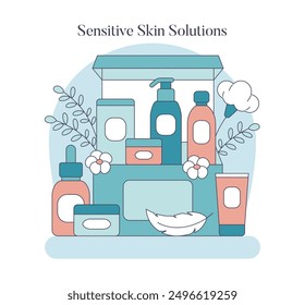 Sensitive Skin Care Kit concept. Gentle product range for delicate skin needs. Calming lotions, soothing serums, and hydrating creams. Vector illustration.