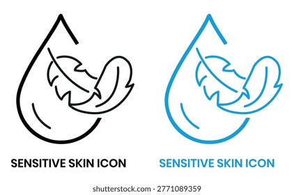 Sensitive skin icon set. Organic cosmetic skin care components for healthy and hydrated skin. Sensitive skin label, logo, badge, sign, symbol, banner, black, line, flat vector, isolated illustration.