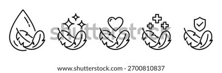 Sensitive skin icon set. Organic cosmetic skin care components for healthy and hydrated skin. Sensitive skin label, logo, badge, sign, symbol, banner, black, line, flat vector, isolated illustration.