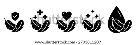 Sensitive skin icon set. Organic cosmetic skin care components for healthy and hydrated skin. Sensitive skin label, logo, badge, sign, symbol, banner, black, line, flat vector, isolated illustration.