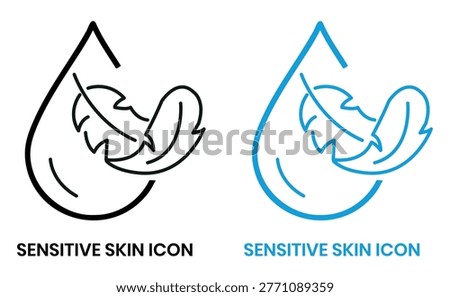 Sensitive skin icon set. Organic cosmetic skin care components for healthy and hydrated skin. Sensitive skin label, logo, badge, sign, symbol, banner, black, line, flat vector, isolated illustration.