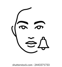 Sensitive skin, line icon. Female face and small bell. Linear illustration, editable stroke. For cosmetics, skin care product, packaging, dermatology.