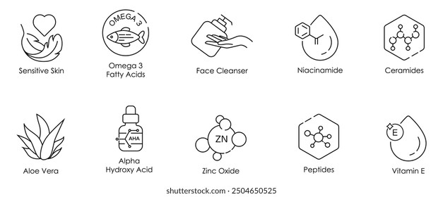 Sensitive Skin, Omega-3 Fatty Acid, Face Cleanser, Niacinamide, Ceramides, Aloe Vera, Alpha Hydroxy Acids, Zinc Oxide, Peptides, and Vitamin E Vector Illustration Icon Set