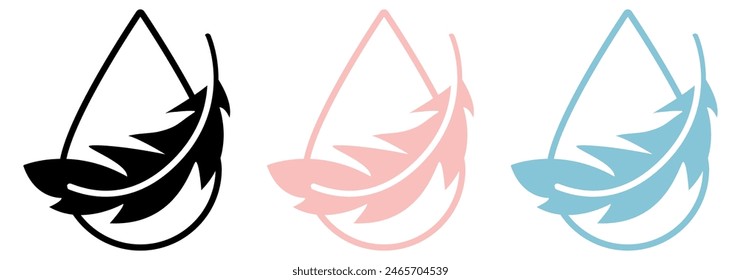 Sensitive skin sign. Skincare vector logo. Feather pink icon. Water drop color illustration.