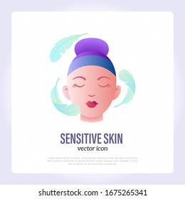 Sensitive skin symbol. Gradient icon: girl with feathers around her face. Skin care, moisturizer or cream, dermatologically tested. Vector illustration.
