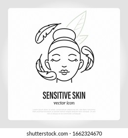 Sensitive skin symbol. Thin line icon: girl with feathers around her face. Skin care, moisturizer or cream, dermatologically tested. Vector illustration.