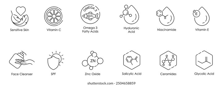 Sensitive Skin, Vitamin C, Omega-3 Fatty Acids, Hyaluronic Acid, Niacinamide, Vitamin E, Face Cleanser, SPF, Zinc Oxide, Salicylic Acid, Ceramides, and Glycolic Acid Vector Illustration Icon Set