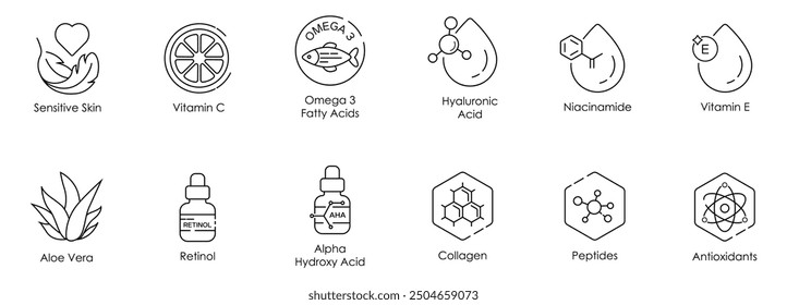 Piel Sensible, Vitamina C, Ácidos Grasos Omega-3, Ácido Hialurónico, Niacinamida, Vitamina E, Aloe Vera, Retinol, Ácido Alfa Hidroxi, Colágeno, Péptidos y Antioxidantes Conjunto de Íconos de Ilustración vectorial