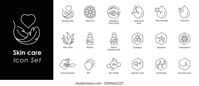 Empfindliche Haut, Vitamin C, Omega-3-Fettsäuren, Hyaluronsäure, Niacinamid, Vitamin E, Aloe Vera, Retinol, Alpha-Hydroxysäure, Kollagen, Peptide, Gesichtsreiniger, SPF, Zinkoxid, Vektorsymbole