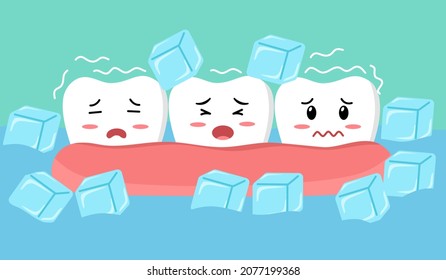 Sensitive teeth cartoon character with ice and cold water in flat design. Tooth sensitivity symptom concept.