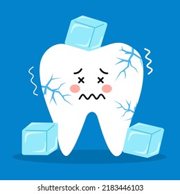 Sensitive teeth cartoon character with ice and in flat design. Tooth sensitivity symptom concept.