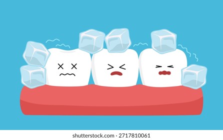 Personaje de dibujos animados de dientes sensibles con hielo en diseño plano. Concepto de síntoma de sensibilidad dental.