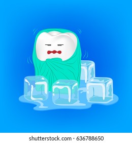 Sensitive teeth. Cute cartoon tooth character with blanket and ice.  Dental care concept.  Illustration on blue background. Great for Poster, Banner design.