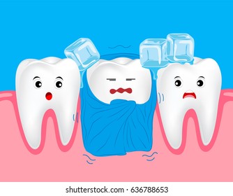 Sensitive teeth. Cute cartoon tooth character with blanket and ice.  Dental care concept.  Illustration on blue background. Great for Poster. Banner design.